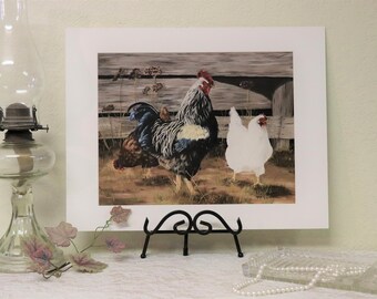 Rooster and Chickens Art Print, Yard birds Art Print, Matted and Signed Art Print 11x14 inch