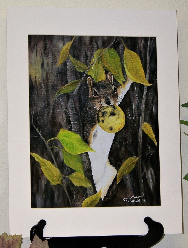 Matted and Signed Art Print 11x14 inch Squirrel Art Print Wildlife Art Print