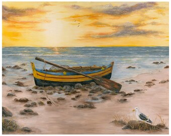 Bote de remos, pintura al óleo original sobre lienzo, pintura de paisaje, 14 x 18 pulgadas