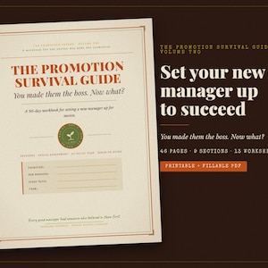 May include: A workbook titled The Promotion Survival Guide, Volume Two, featuring a cream-coloured cover with orange and black text. It includes sections for promoter, new manager, start date, and team, plus a green circular logo and 46 pages total.