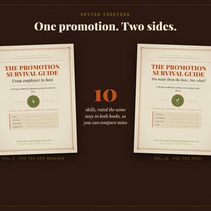 Puede incluir: Dos libros de trabajo de color crema titulados The Promotion Survival Guide, uno para el nuevo gerente y otro para el jefe. Las portadas presentan texto en rojo y verde, un icono circular central y líneas para notas. El texto dice One promotion. Two sides. 10 skills, rated the same way in both books, so you can compare notes.