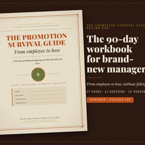 Puede incluir: Un libro de trabajo de color crema titulado The Promotion Survival Guide: From employee to boss. La portada presenta un emblema circular verde, una sección para nombre, puesto, fecha de inicio y promovido por, con 57 páginas, 11 secciones, 25 hojas.