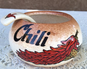 1970s Handmade Ceramic Chili / Salsa Bowl with Spoon