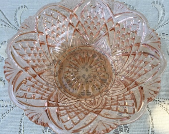 1920s Pressed Glass Bowl Peach Pink Pineapple Starburst Fan 8"