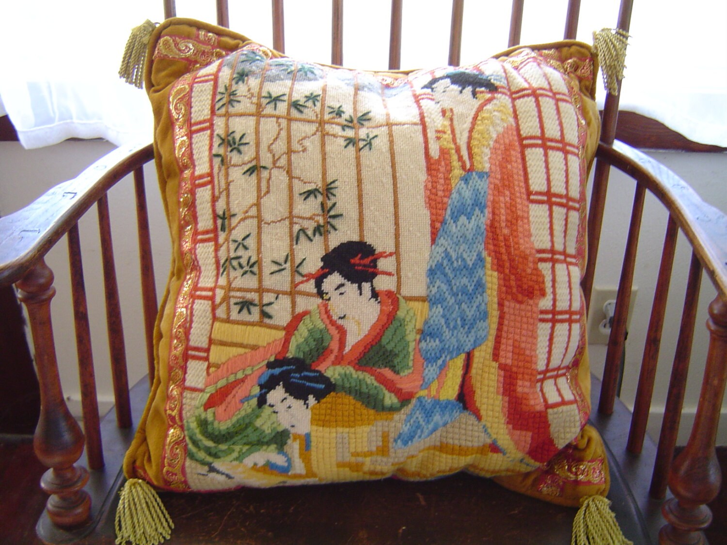 Vintage Needlepoint, Mid Century Asian/oriental, Cotton Brocade and