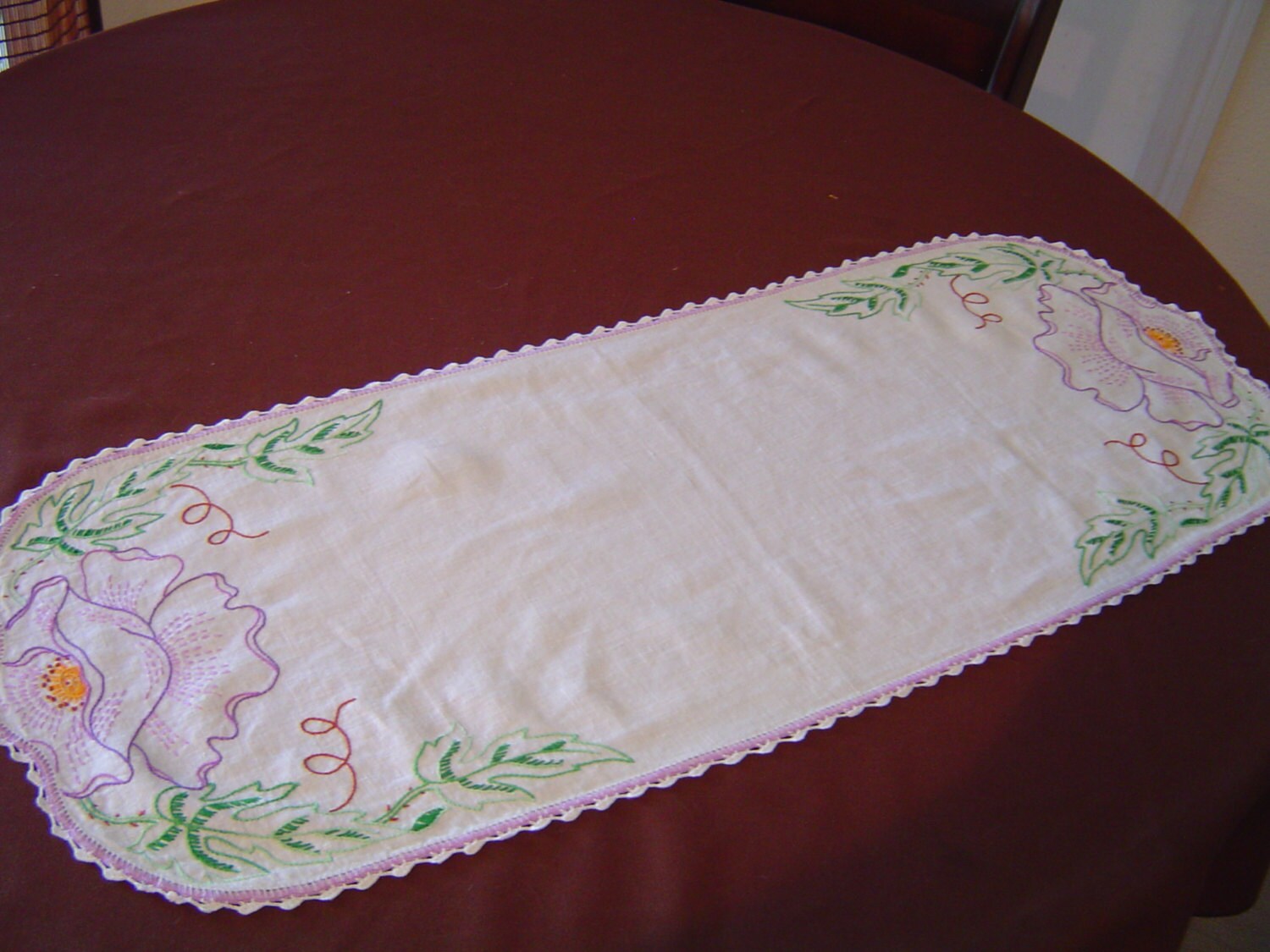 1950s Embroidered Linen Dresser Scarf With Large Tropical Etsy