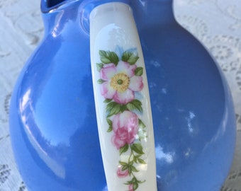 1940s Hall Ceramic Ball Water Pitcher with Spout. Bright Blue with Gold Leaf Details, and White with Pink Floral Decorated Handle.