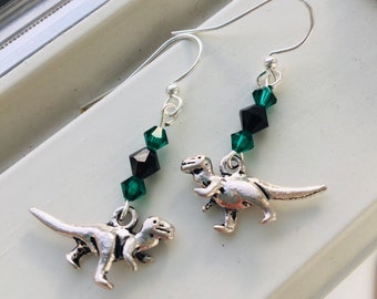 Dinosaur Earrings - T Rex Earrings - Dinosaur Jewelry - Charm Jewelry - Gifts for Teacher - Gifts for Her - Black and Green Earrings