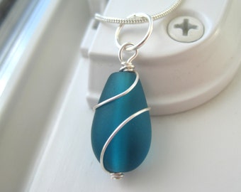 Teal Necklace - Blue Glass Necklace - Cultured Sea Glass Jewelry - Dark Blue - Wire Wrapped Pendant Necklace - Wire Wrapped Jewelry