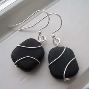 Black Earrings - Wire Wrapped Earrings - Glass Jewelry - Wire Wrapped Jewelry - Black Glass Earrings - Black Jewelry - Recycled Glass