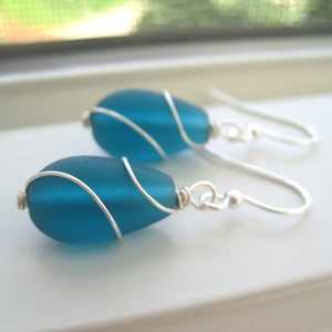 Teal Earrings - Cultured Sea Glass Earrings - Teal Jewelry - Wire Wrapped - Beach Jewelry - Blue Bridesmaid Set - Cultured Sea Glass