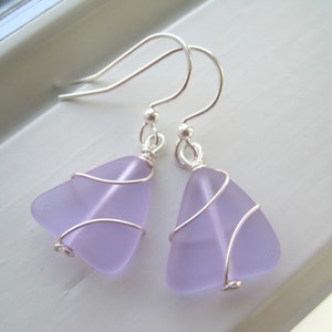 Periwinkle Glass Earrings - Sea Glass Jewelry - Wire Wrapped Earrings -  Blue Purple Sea Glass - Glass Jewelry - Light Blue Earrings
