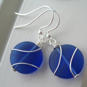 Blue Glass Earrings - Blue  Glass Jewelry - Wire Wrapped Earrings - Cobalt Blue - Frosted Glass Jewelry - Small Round - Cultured Sea Glass