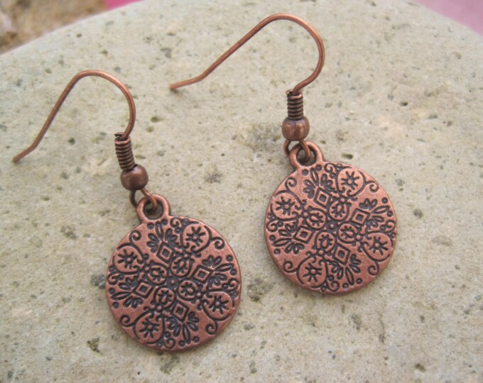 Antique Copper Earrings Copper Jewelry Etched Copper Earrings Small