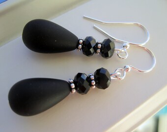 Black Glass Earrings - Cultured Sea Glass Jewelry - Black Glass Jewelry - Black Crystal Earrings - Long Black Earrings - Black Jewelry