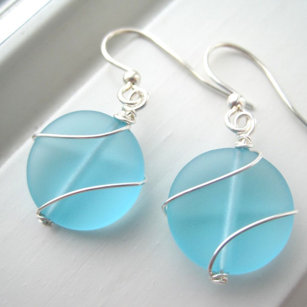 Aqua Blue Sea Glass Earrings - Wire Wrapped Earrings - Circle Earrings - Sea Glass Jewelry - Bridesmaid Set - Small Earrings - Wire Jewelry
