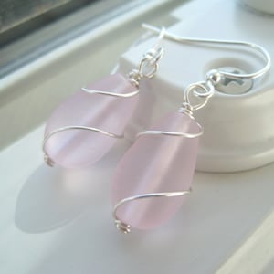 Pink Bridesmaid Set - Pink Sea Glass Earrings - Wire Wrapped Earrings - Light Pink Jewelry - Recycled Glass Earrings  - Cultured Sea Glass