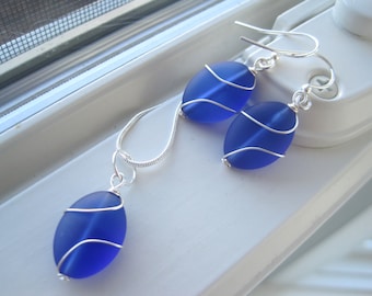Blue Sea Glass Necklace and Earring Set - Cobalt Blue Jewelry - Cultured Sea Glass - Wire Wrapped - Matching Gift Set - Frosted Glass