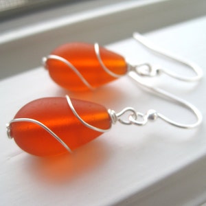 Orange Glass Earrings - Wire Wrapped Earrings - Cultured Sea Glass Jewelry -  Orange Jewelry - Wire Wrapped Jewelry