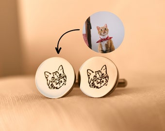 Pet photo cufflinks for groom on wedding day with personalized cat portrait engraved photograph of dog or cat, wedding pet memorial