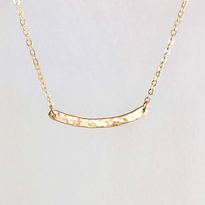 Mini Simple 14k Gold Hammered Curved Bar Necklace Handmade Perfect for Everyday