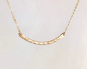 Simple 14K Gold Hammered Curved Bar Necklace Handmade Perfect for everyday