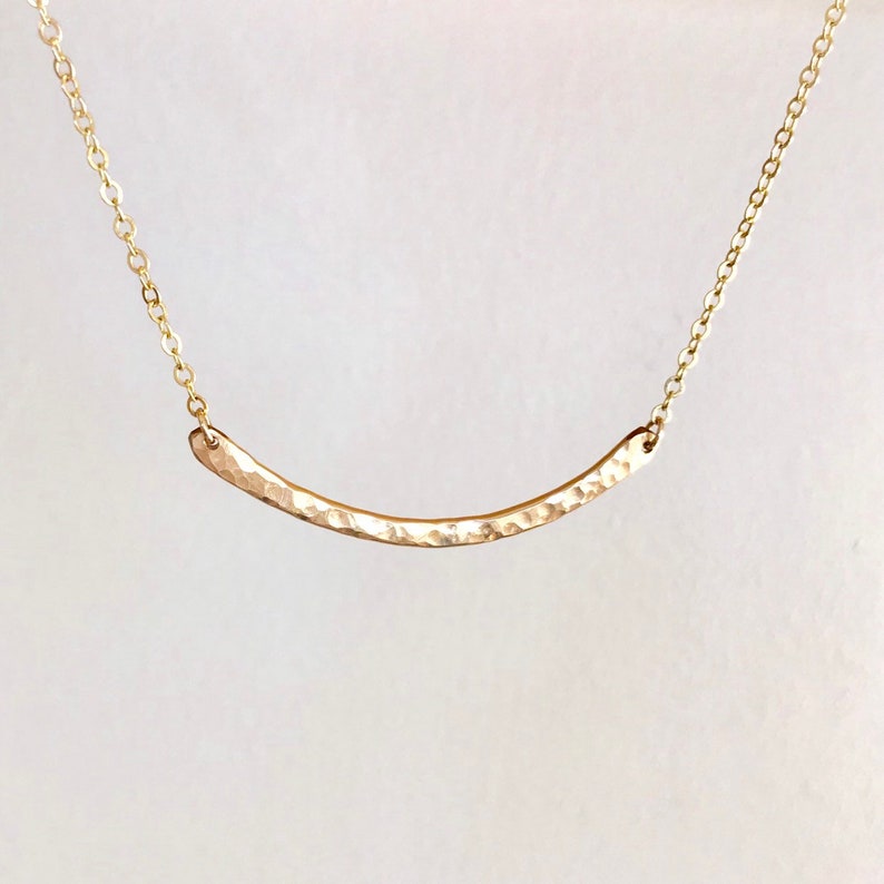 Simple 14K Gold Hammered Curved Bar Necklace Handmade Perfect Etsy