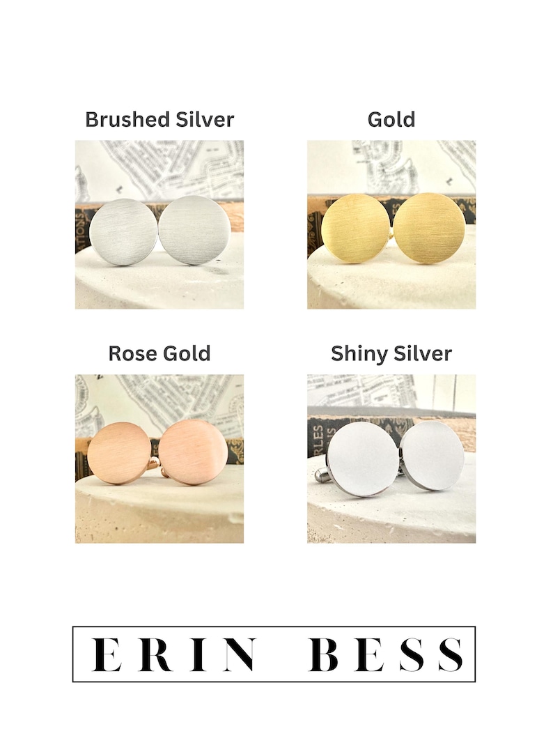 May include: Four pairs of cufflinks in different finishes: brushed silver, gold, rose gold, and shiny silver. Each pair is shown on a separate background.