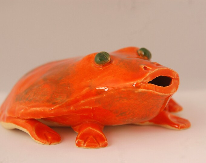 Frog Key Hider Stoneware Bright Orange Glaze With Green Etsy