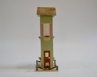EZ clean Victorian house bird feeder, stoneware, green and pink glaze