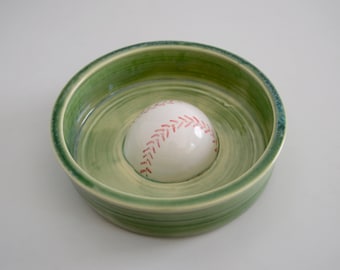 Dog bowl,slow feeder, 3-D baseball decoration,hand thrown porcelain, 1.5 cup