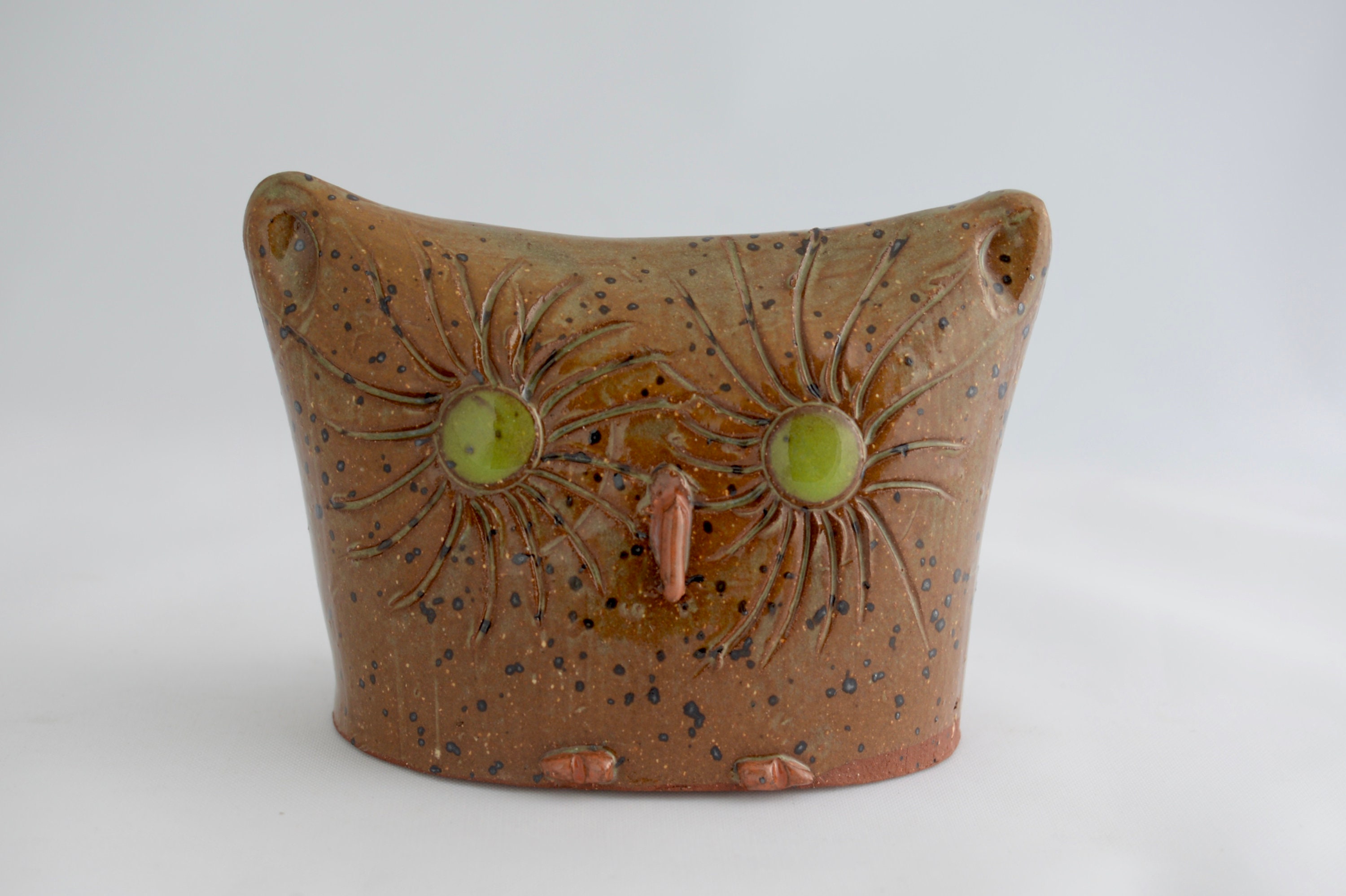 Owl,handmade stoneware with speckle glaze, green eyes, comes with a poem