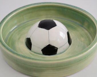 Dog bowl,slow feeder, 3-D soccer ball decoration,hand thrown porcelain,small