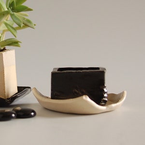 Succulent pot, black and white with saucer, hand made stoneware, small