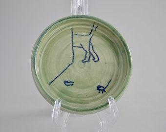 Cat dish,"The Cat's Away" hand thrown porcelain, green glaze with drawing,small