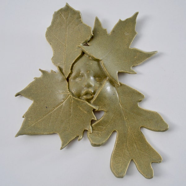 Leaf Baby,clay wall art, green glaze, indoor/outdoor, sculpture,shower gift