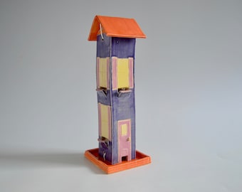 EZ clean Victorian house bird feeder, purple, pink and orange glaze, stoneware clay