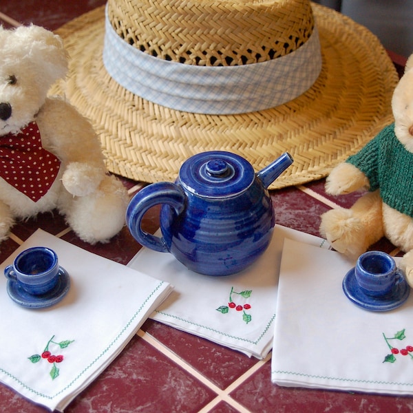 Childs toy mini tea set hand thrown porcelain in blue glaze