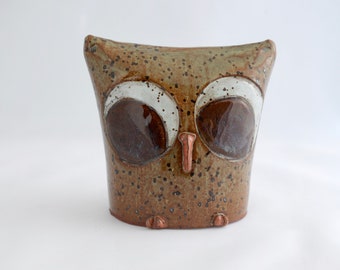 Owl,handmade stoneware with speckle glaze, big brown eyes, comes with a poem