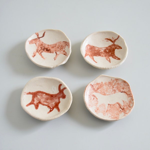 Assorted tiny bowls with cave paintings, porcelain,handmade Paleo pottery, 2-3"