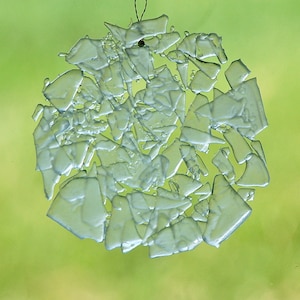 Upcycled glass sun catcher made from clear glass recycled bottles, abstract, frosted glass