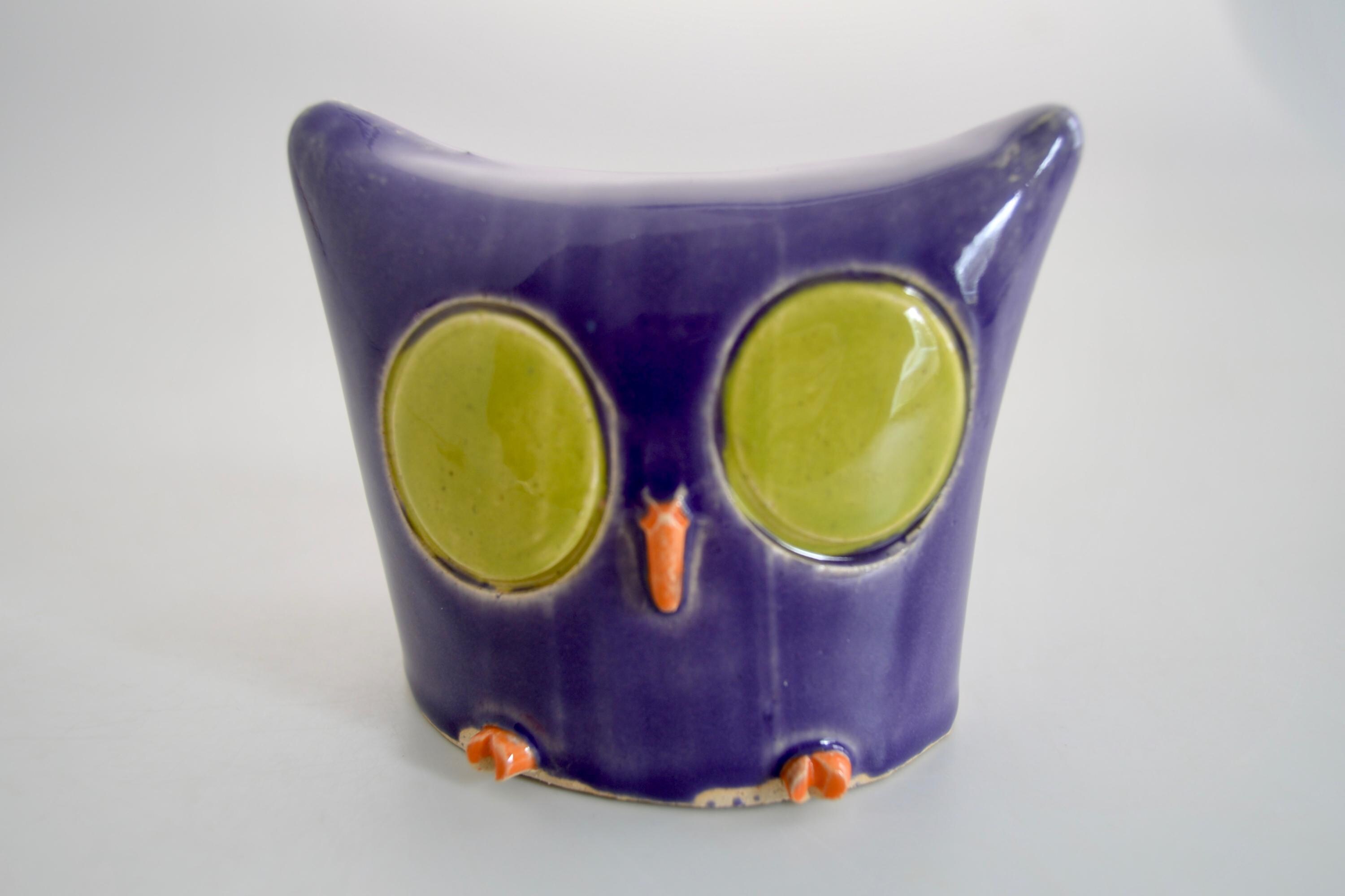 Owl,handmade stoneware with purple and green glaze, comes with a poem
