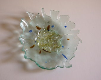 Upcycled glass flower sun catcher made from clear glass recycled bottles