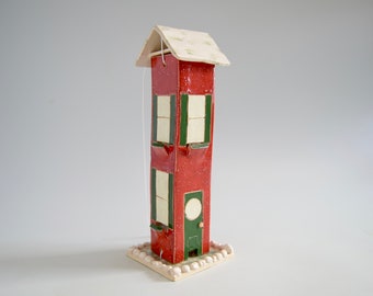 EZ clean Victorian house bird feeder, red with green shutters, white porch and roof, stoneware clay