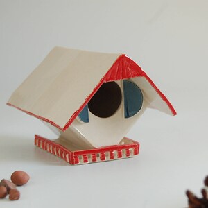 Bird House, handmade stoneware,modern,freestanding, red white and blue