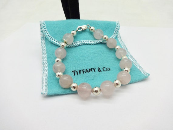 Estate TIFFANY STERLING SILVER 10mm Beaded Rose Quartz Bracelet w