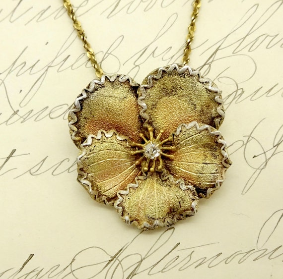 Antique DIAMOND PANSY PENDANT Gilt Sterling Silver