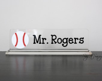 Personalized Desk Name Plate, PE Teacher, Nameplate, Male Teacher Gift, Sports Desk Accessory, Baseball, Football, Hockey, Soccer