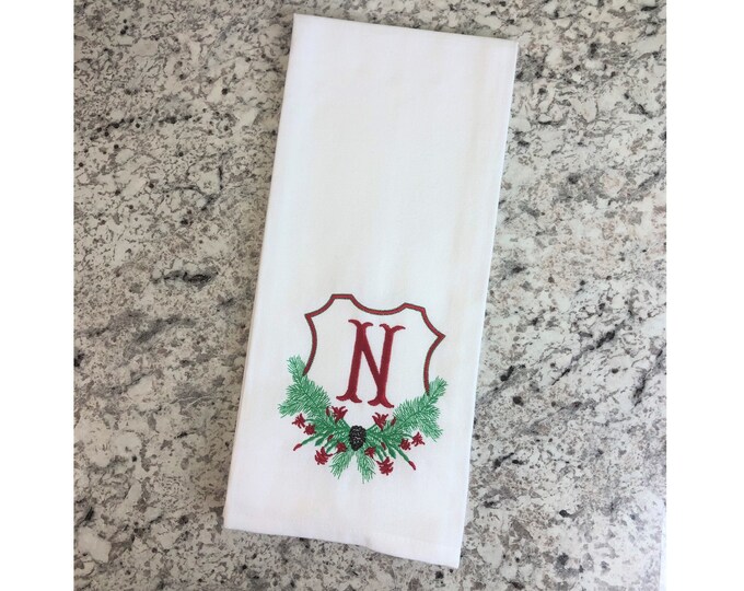 Christmas Kitchen Towel, Christmas Cactus Hand Towel, Christmas Crest Towel, Christmas Monogram Tea Towel, Monogram Crest Towel