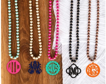Wooden Bead Necklace with Acrylic Monogram Charm